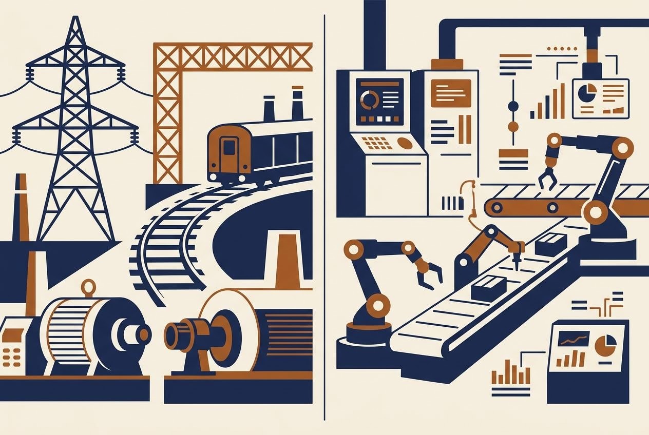 日立製作所と三菱電機の事業領域を対比するイメージ図