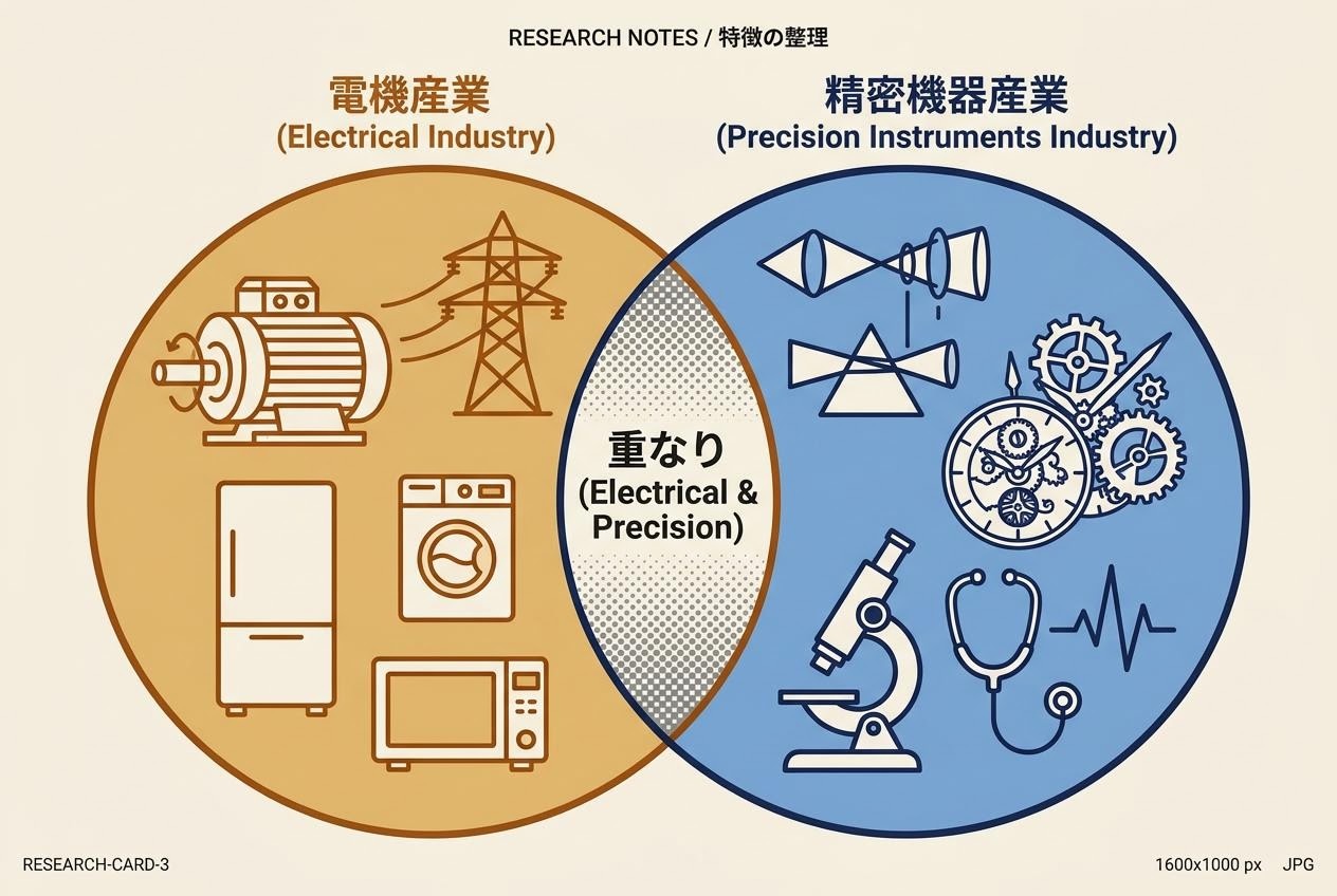 電機と精密機器の分類構造を示す比較図